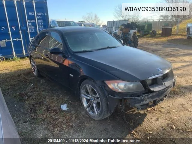 2008 BMW 328Xi VIN: WBAVC93538K036190 Lot: 20184409