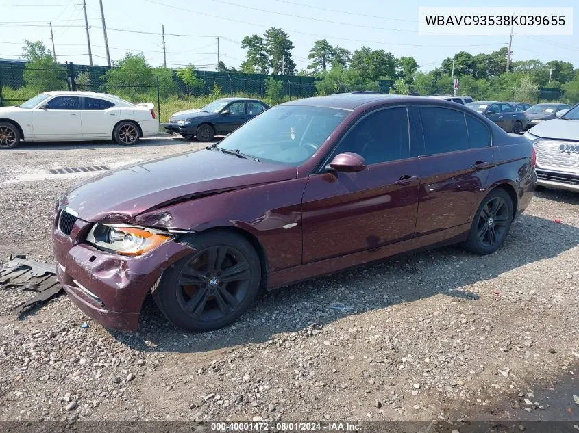 2008 BMW 328Xi VIN: WBAVC93538K039655 Lot: 40001472