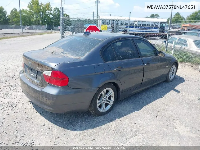 2008 BMW 328I VIN: WBAVA37578NL47651 Lot: 40213852