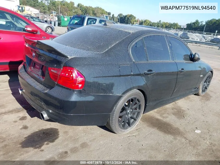 2009 BMW 335I VIN: WBAPM77519NL94540 Lot: 40573979