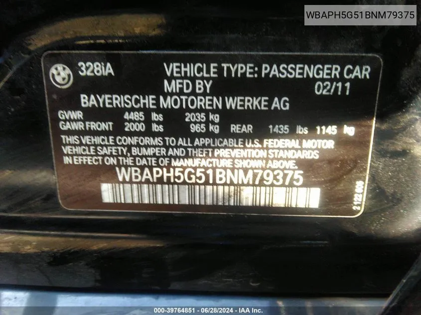 WBAPH5G51BNM79375 2011 BMW 328I