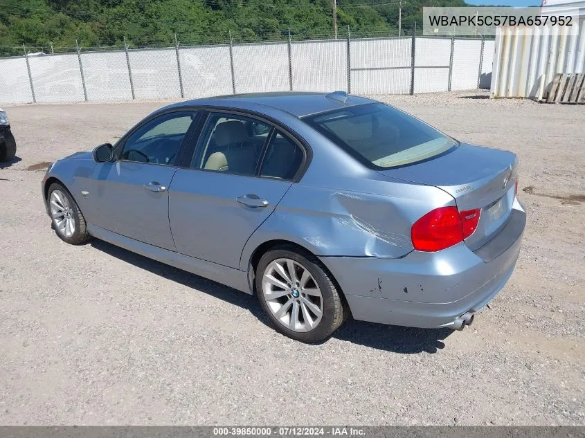 2011 BMW 328I xDrive VIN: WBAPK5C57BA657952 Lot: 39850000