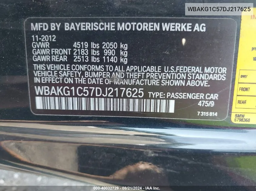 2013 BMW 335Is I Sulev VIN: WBAKG1C57DJ217625 Lot: 40032729