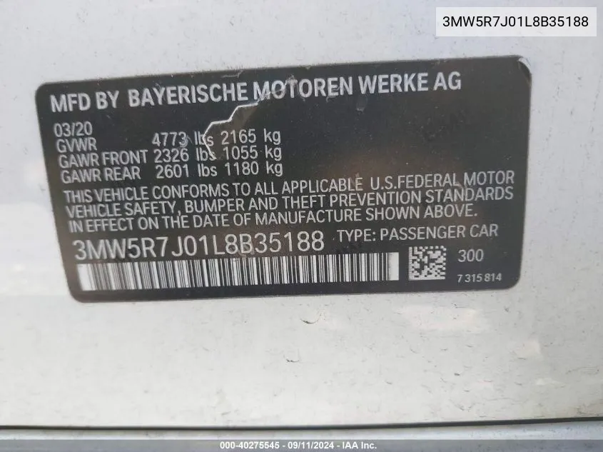 2020 BMW 330I VIN: 3MW5R7J01L8B35188 Lot: 40275545