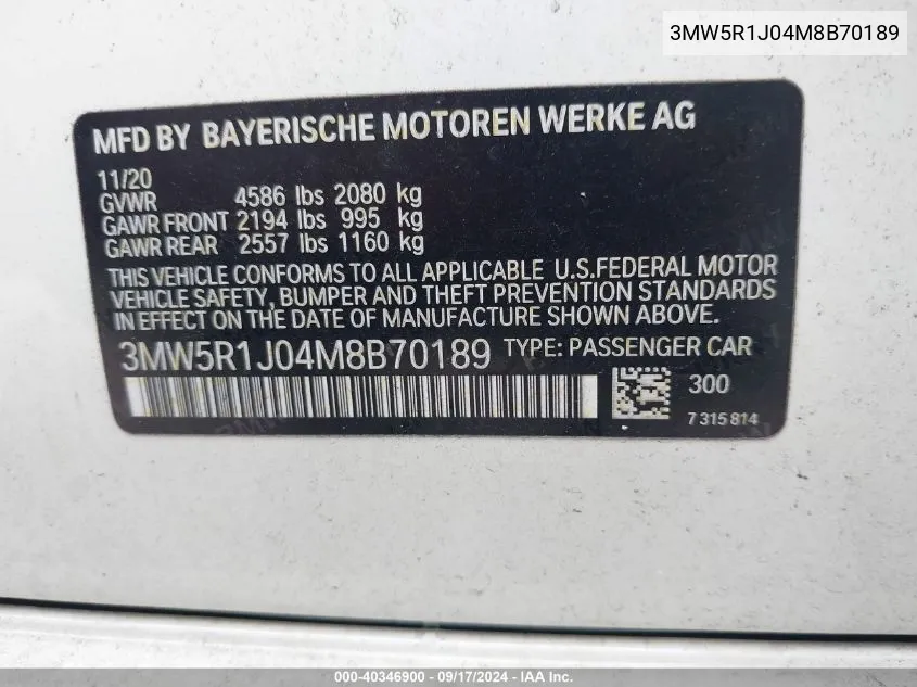 2021 BMW 330I VIN: 3MW5R1J04M8B70189 Lot: 40346900