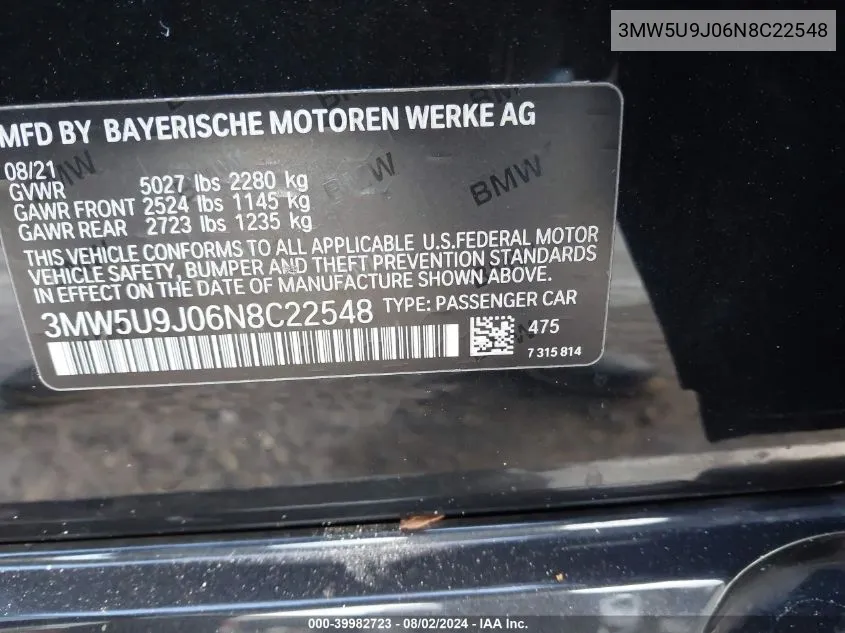 3MW5U9J06N8C22548 2022 BMW 3 Series M340I xDrive