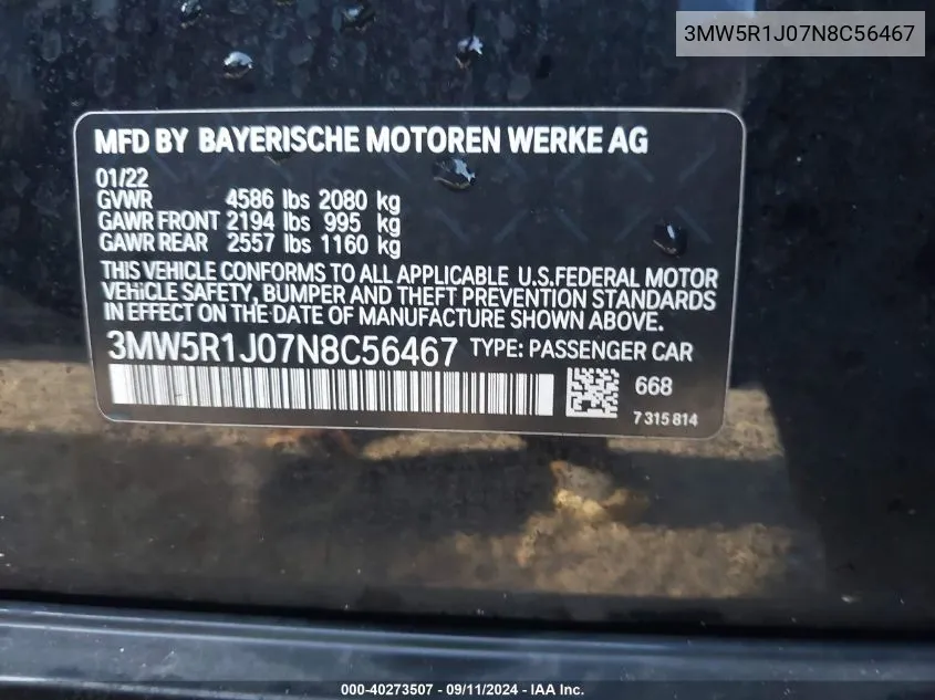 3MW5R1J07N8C56467 2022 BMW 330I