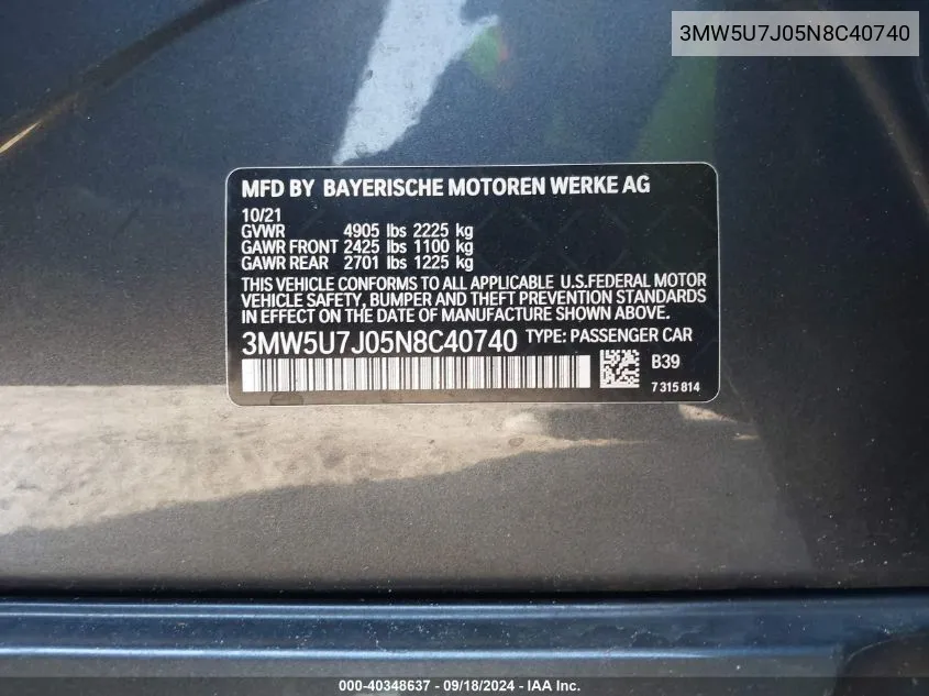 3MW5U7J05N8C40740 2022 BMW M340I