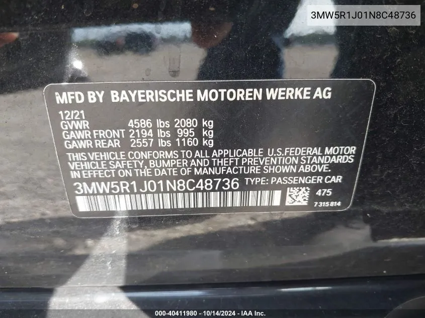 2022 BMW 330I VIN: 3MW5R1J01N8C48736 Lot: 40411980