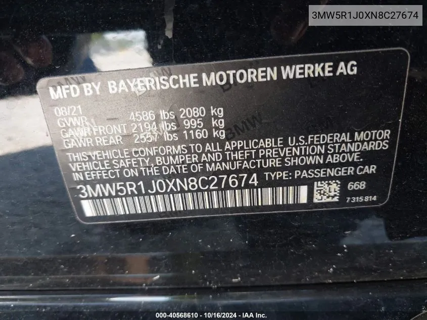 3MW5R1J0XN8C27674 2022 BMW 330I