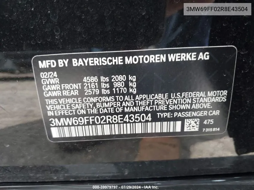 3MW69FF02R8E43504 2024 BMW 3 Series 330I