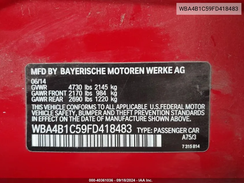 WBA4B1C59FD418483 2015 BMW 435I Gran Coupe