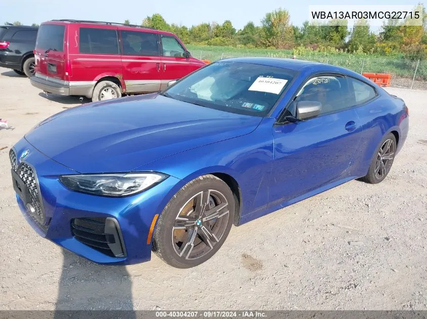 2021 BMW M440Xi VIN: WBA13AR03MCG22715 Lot: 40304207