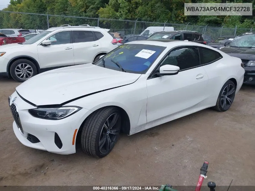 2021 BMW 430I xDrive VIN: WBA73AP04MCF32728 Lot: 40316366