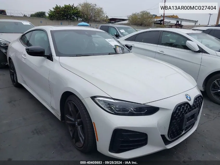 2021 BMW M440I xDrive VIN: WBA13AR00MCG27404 Lot: 40405683