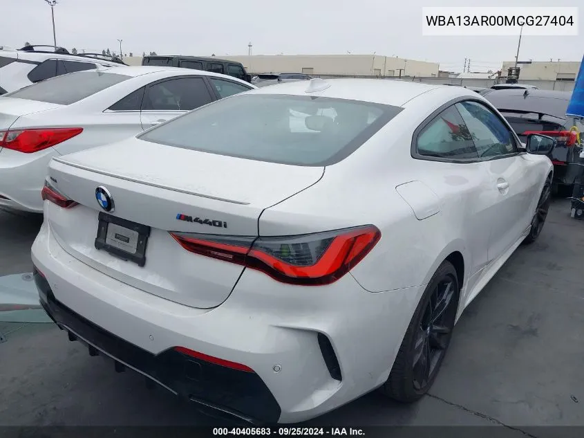 2021 BMW M440I xDrive VIN: WBA13AR00MCG27404 Lot: 40405683