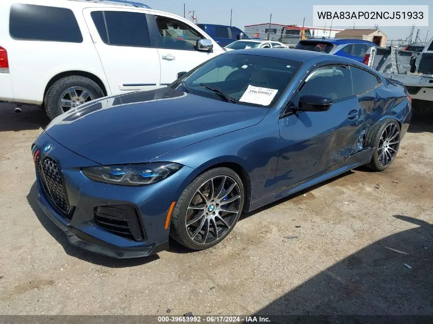 2022 BMW M440I VIN: WBA83AP02NCJ51933 Lot: 39659992