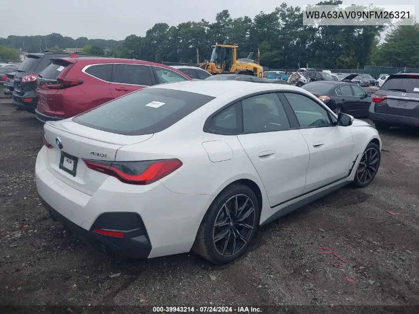 2022 BMW 430I Gran Coupe VIN: WBA63AV09NFM26321 Lot: 39943214