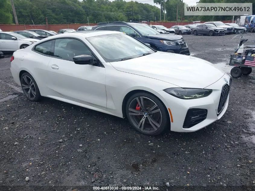 2022 BMW 430I xDrive VIN: WBA73AP07NCK49612 Lot: 40073030