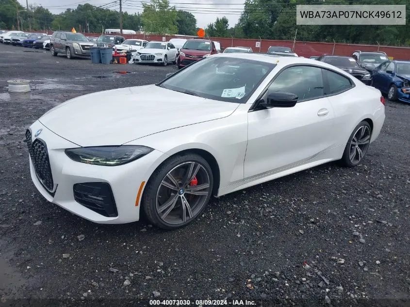 2022 BMW 430I xDrive VIN: WBA73AP07NCK49612 Lot: 40073030