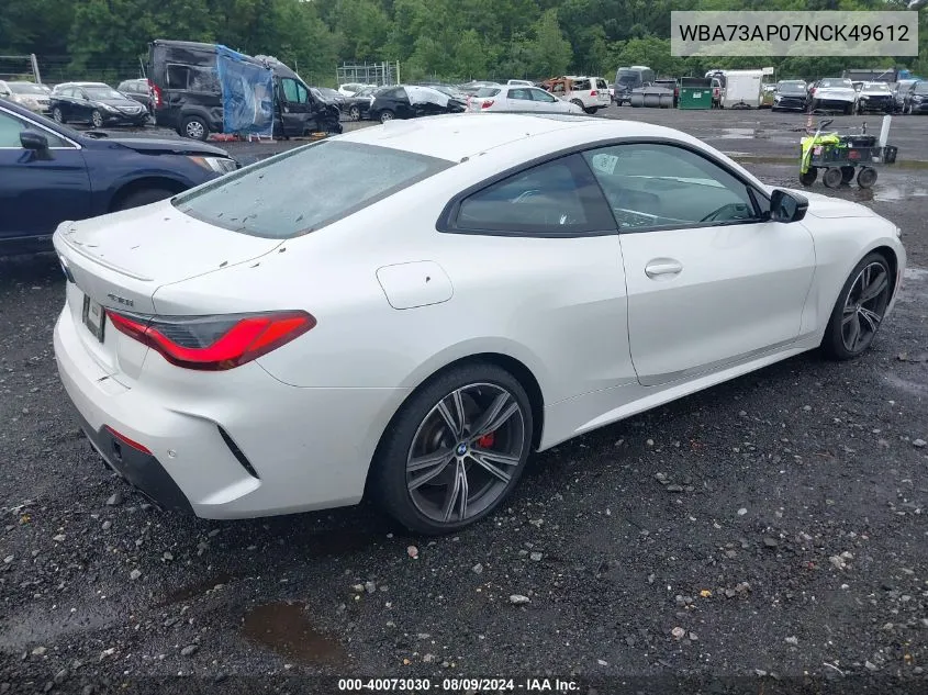 2022 BMW 430I xDrive VIN: WBA73AP07NCK49612 Lot: 40073030