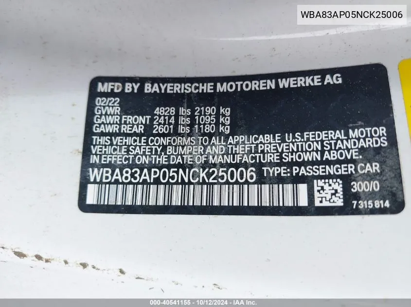 2022 BMW M440I VIN: WBA83AP05NCK25006 Lot: 40541155