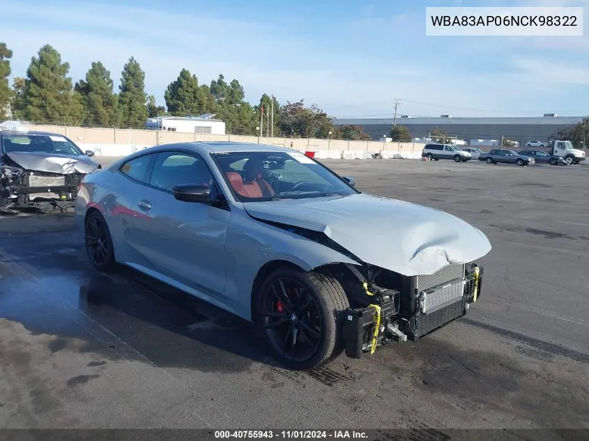 2022 BMW M440I VIN: WBA83AP06NCK98322 Lot: 40755943