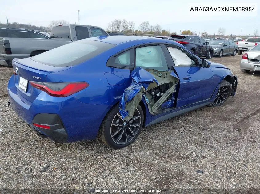 2022 BMW 430I Gran Coupe VIN: WBA63AV0XNFM58954 Lot: 40809394