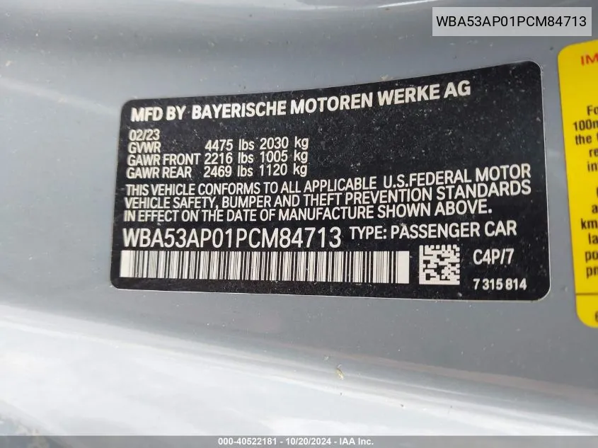 2023 BMW 430I VIN: WBA53AP01PCM84713 Lot: 40522181