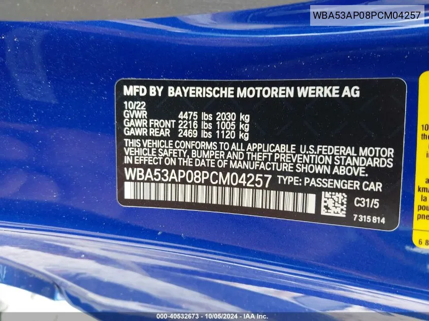 2023 BMW 430I VIN: WBA53AP08PCM04257 Lot: 40532673