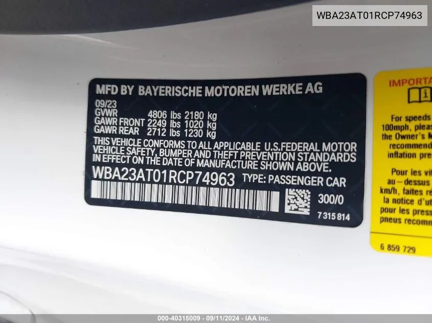 2024 BMW 4 Series 430I VIN: WBA23AT01RCP74963 Lot: 40315009