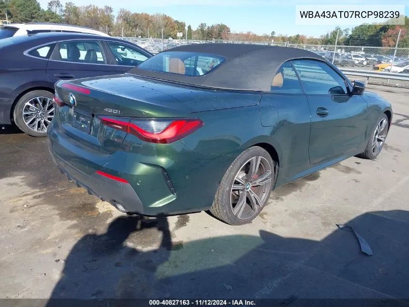 2024 BMW 4 Series 430I xDrive VIN: WBA43AT07RCP98239 Lot: 40827163