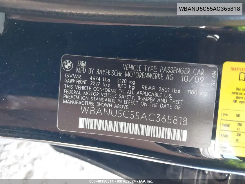 WBANU5C55AC365818 2010 BMW 528I