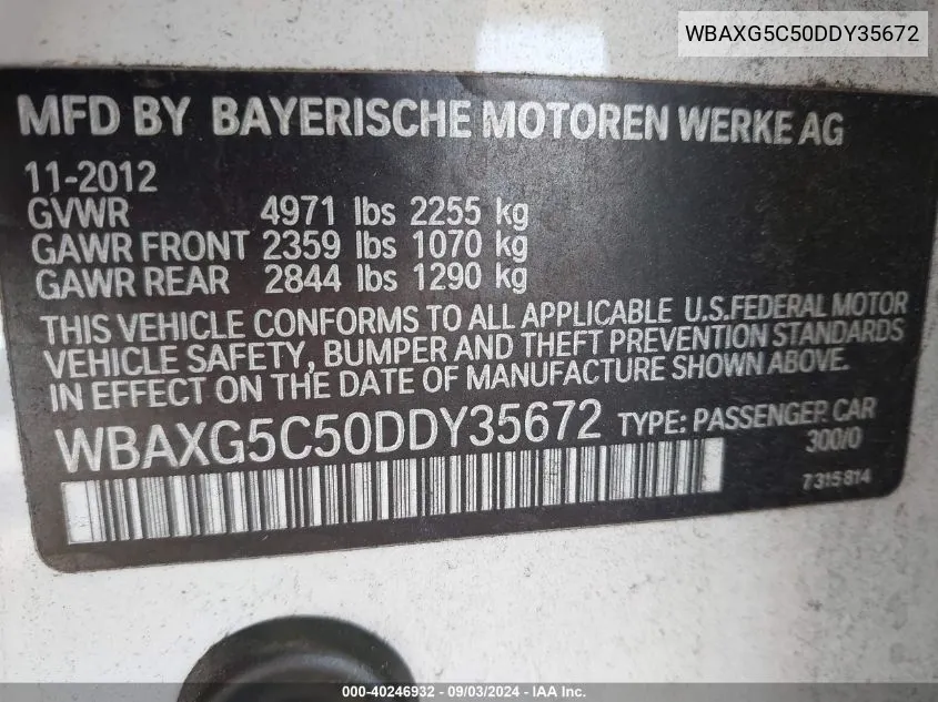 WBAXG5C50DDY35672 2013 BMW 528I