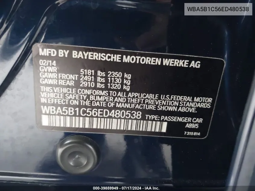 2014 BMW 535I VIN: WBA5B1C56ED480538 Lot: 39859949