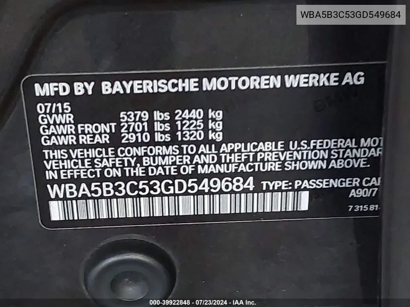 WBA5B3C53GD549684 2016 BMW 535I xDrive