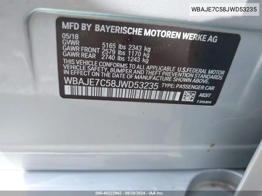 WBAJE7C58JWD53235 2018 BMW 540I xDrive