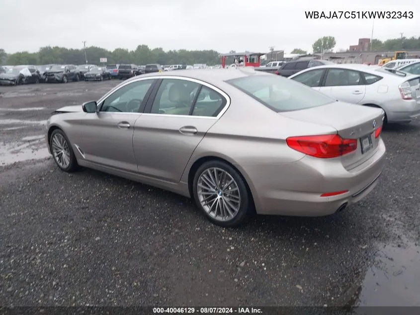 2019 BMW 530I xDrive VIN: WBAJA7C51KWW32343 Lot: 40046129