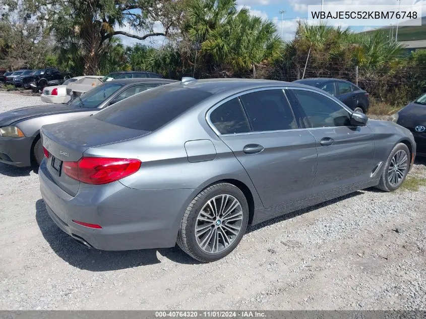 2019 BMW 540I VIN: WBAJE5C52KBM76748 Lot: 40764320