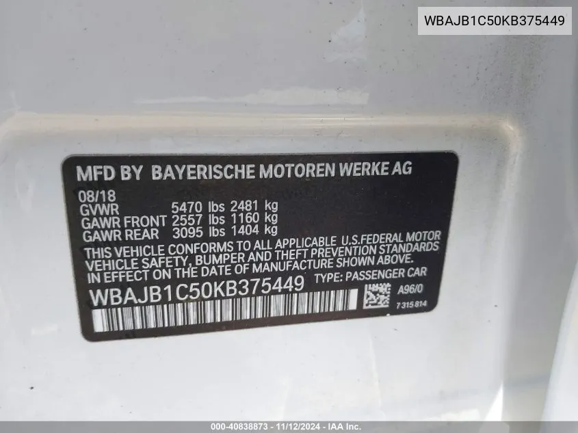 WBAJB1C50KB375449 2019 BMW 530E xDrive Iperformance