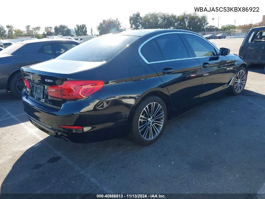 2019 BMW 530I VIN: WBAJA5C53KBX86922 Lot: 40866813