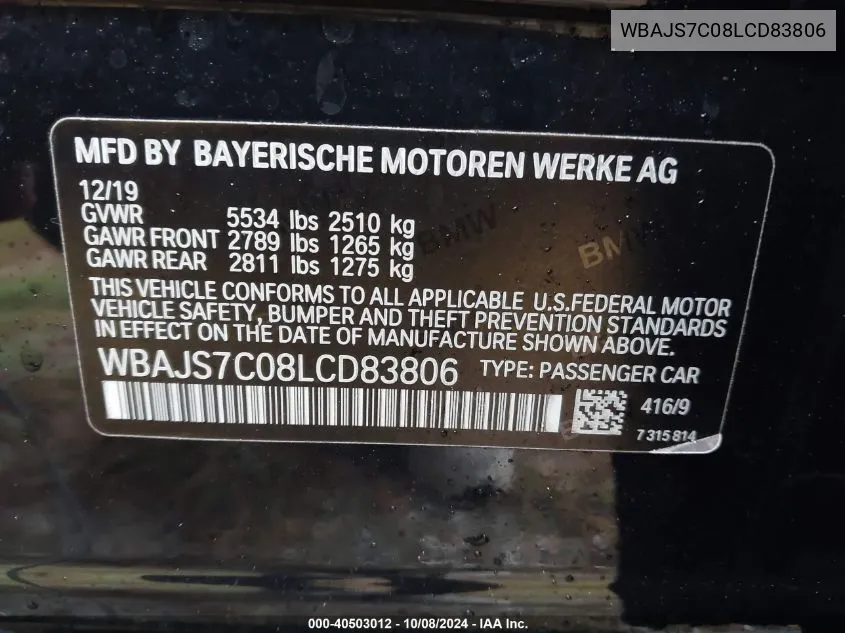 2020 BMW M550I VIN: WBAJS7C08LCD83806 Lot: 40503012