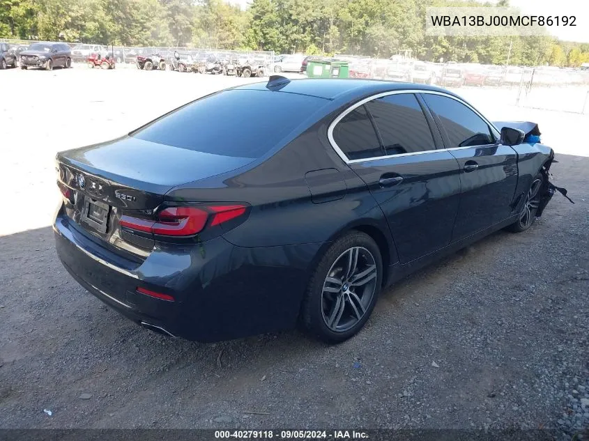 2021 BMW 530I xDrive VIN: WBA13BJ00MCF86192 Lot: 40279118