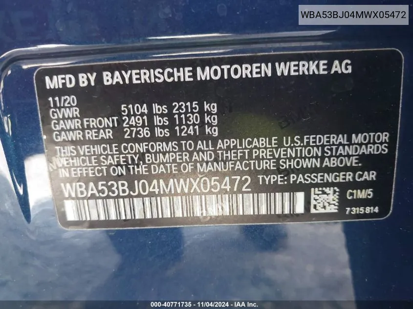 2021 BMW 540I VIN: WBA53BJ04MWX05472 Lot: 40771735