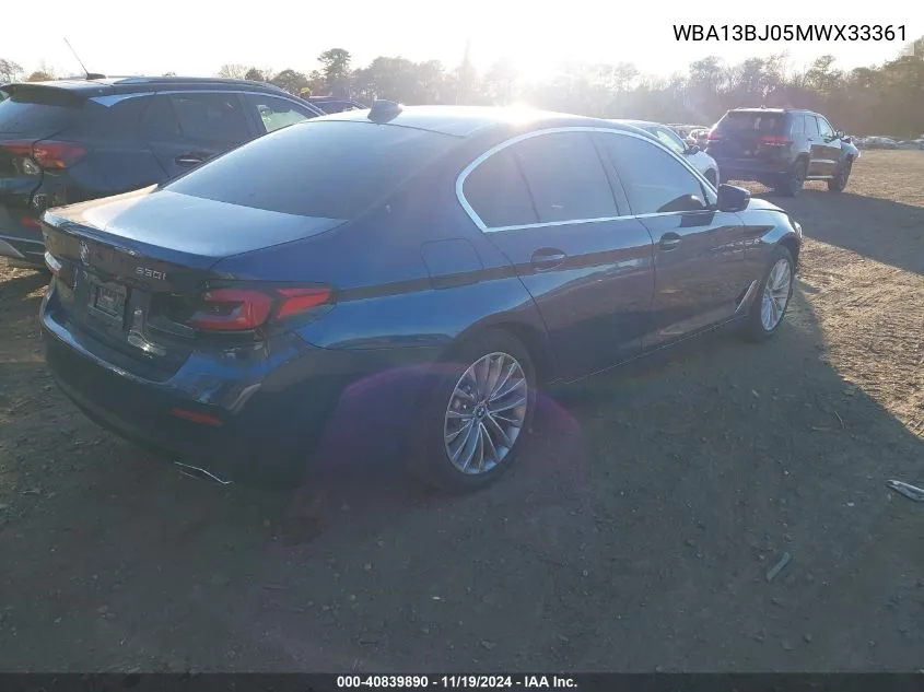 2021 BMW 530I xDrive VIN: WBA13BJ05MWX33361 Lot: 40839890