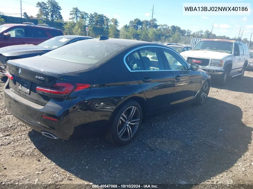 2022 BMW 530 I xDrive VIN: WBA13BJ02NWX40186 Lot: 40547068