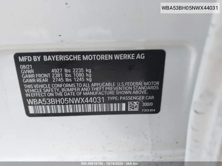 WBA53BH05NWX44031 2022 BMW 530 I