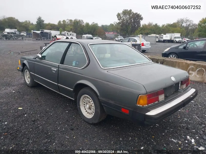 1986 BMW 635 Csi VIN: WBAEC7404G0607252 Lot: 40432566