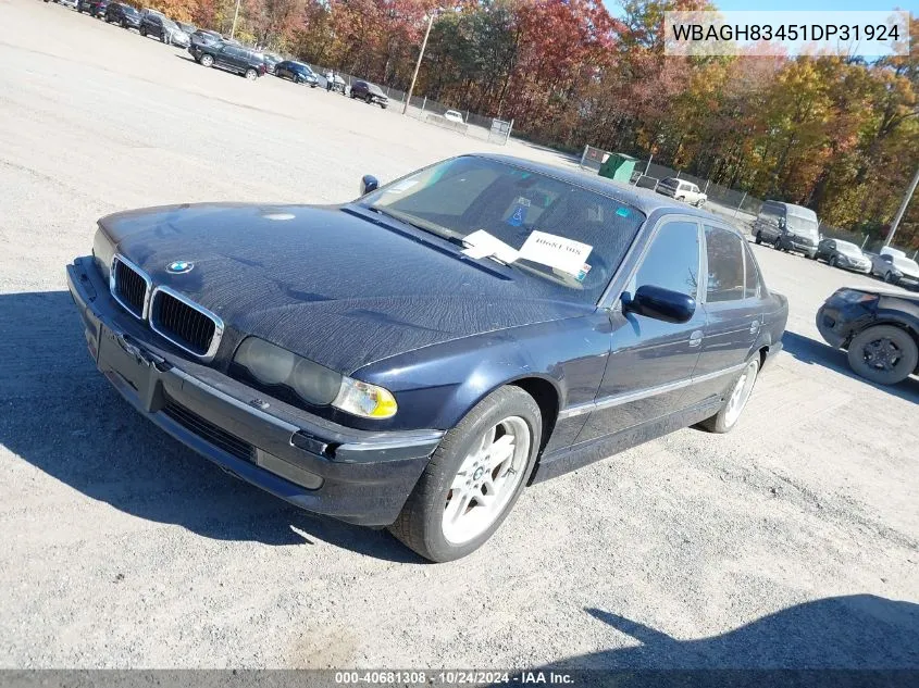 2001 BMW 740Il VIN: WBAGH83451DP31924 Lot: 40681308