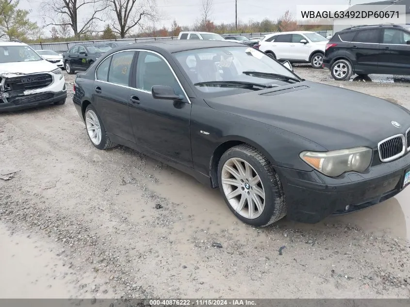 2002 BMW 745I VIN: WBAGL63492DP60671 Lot: 40876222